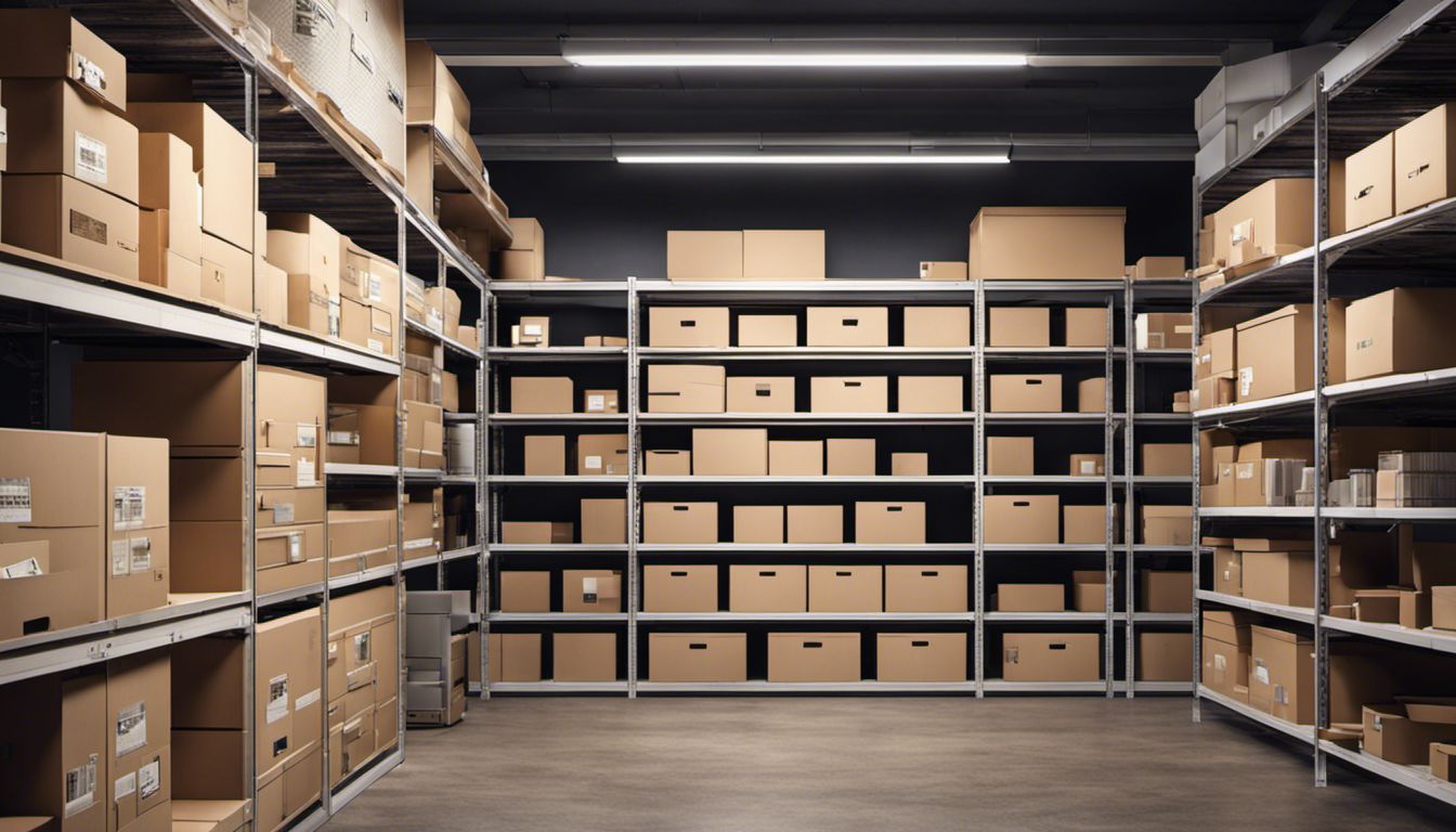 A well-organized storage room with neatly labeled boxes and shelves filled with packing materials.