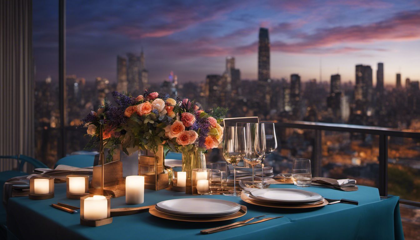 A table displaying event planning materials overlooking a vibrant cityscape at dusk.