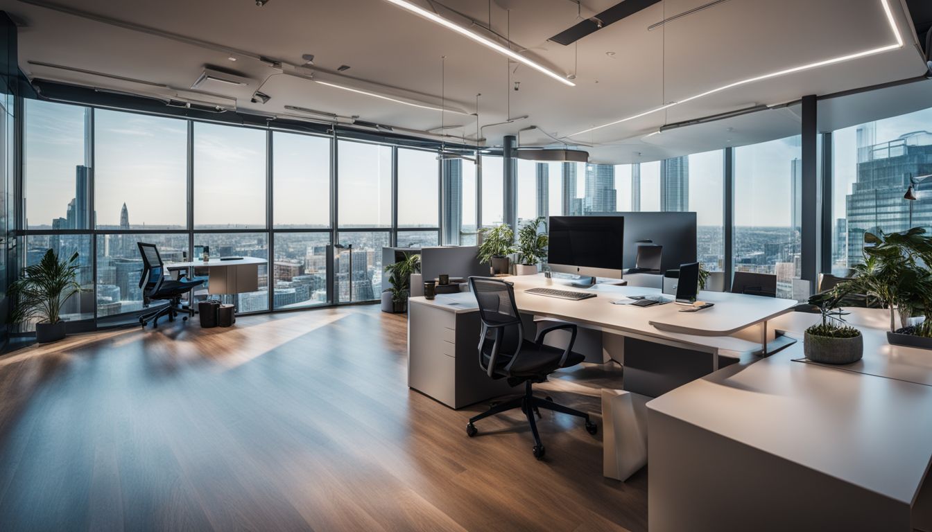 A modern office space with diverse people and stylish furniture.