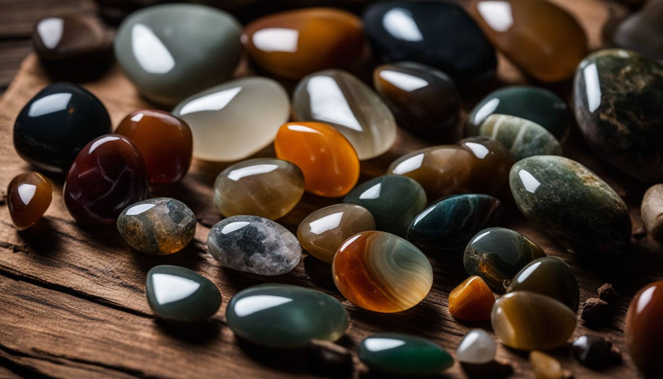 A collection of vibrant Indian Agate stones arranged on a rustic wooden tabletop, captured in crystal clear detail.