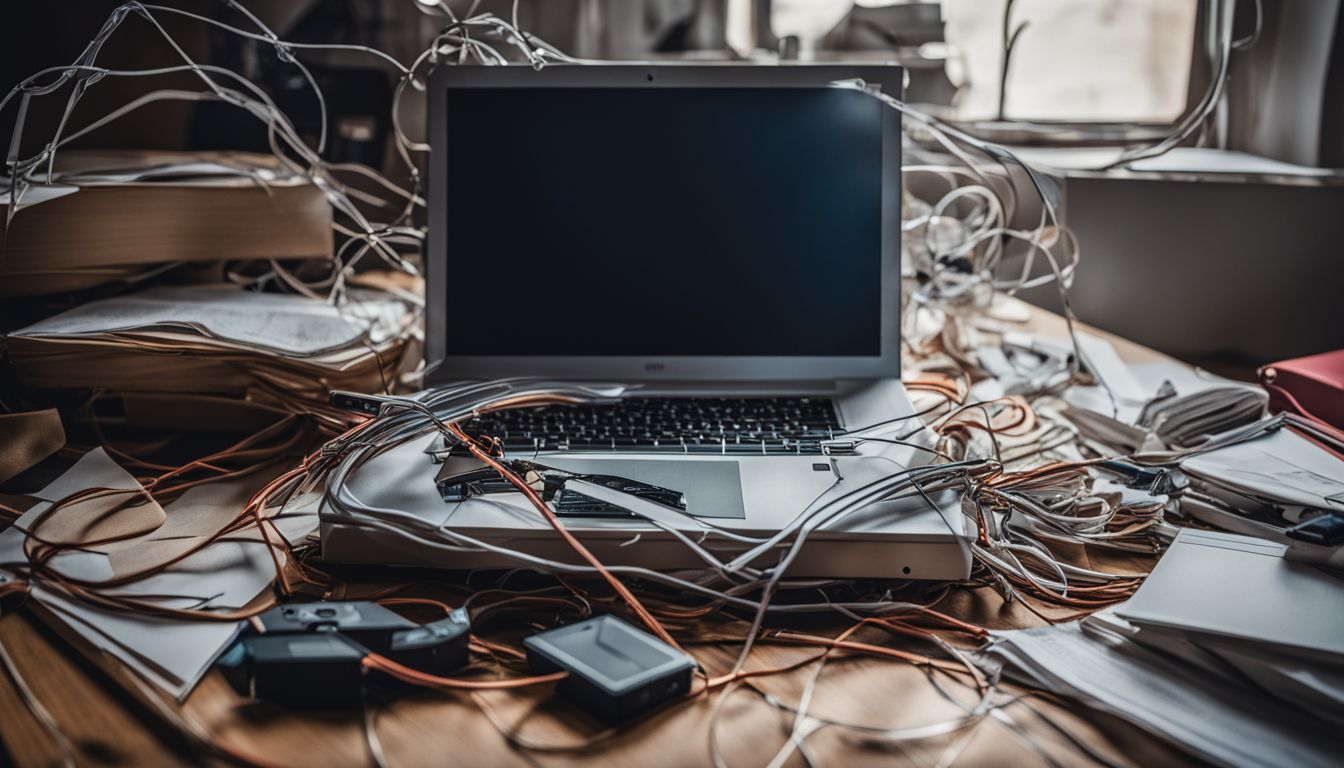 A broken laptop surrounded by cluttered cables and papers in a busy environment.