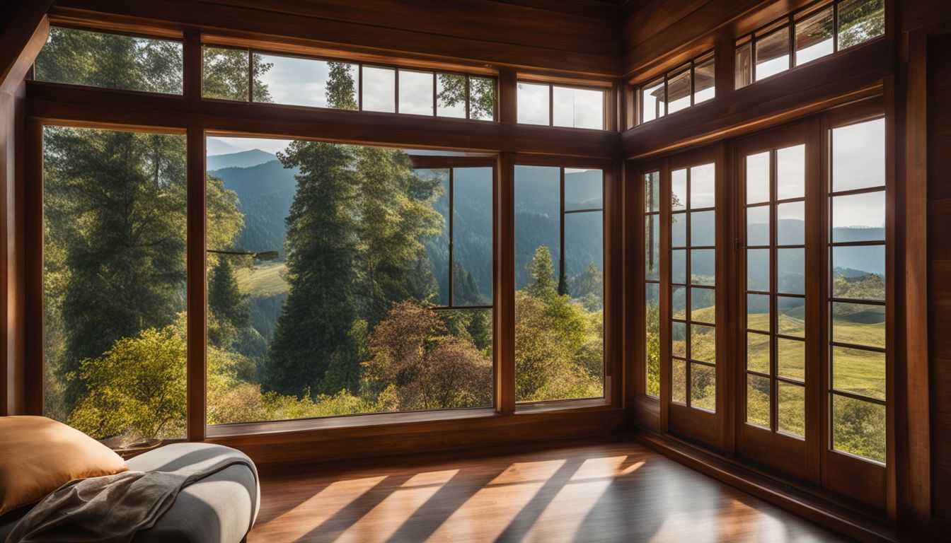 Scenic outdoor view through a wooden casement window.
