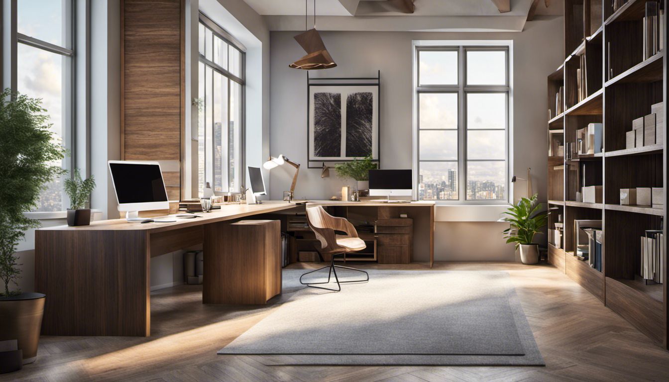 A well-organized office space with neatly arranged files, supplies, and cityscape photography on the wall.