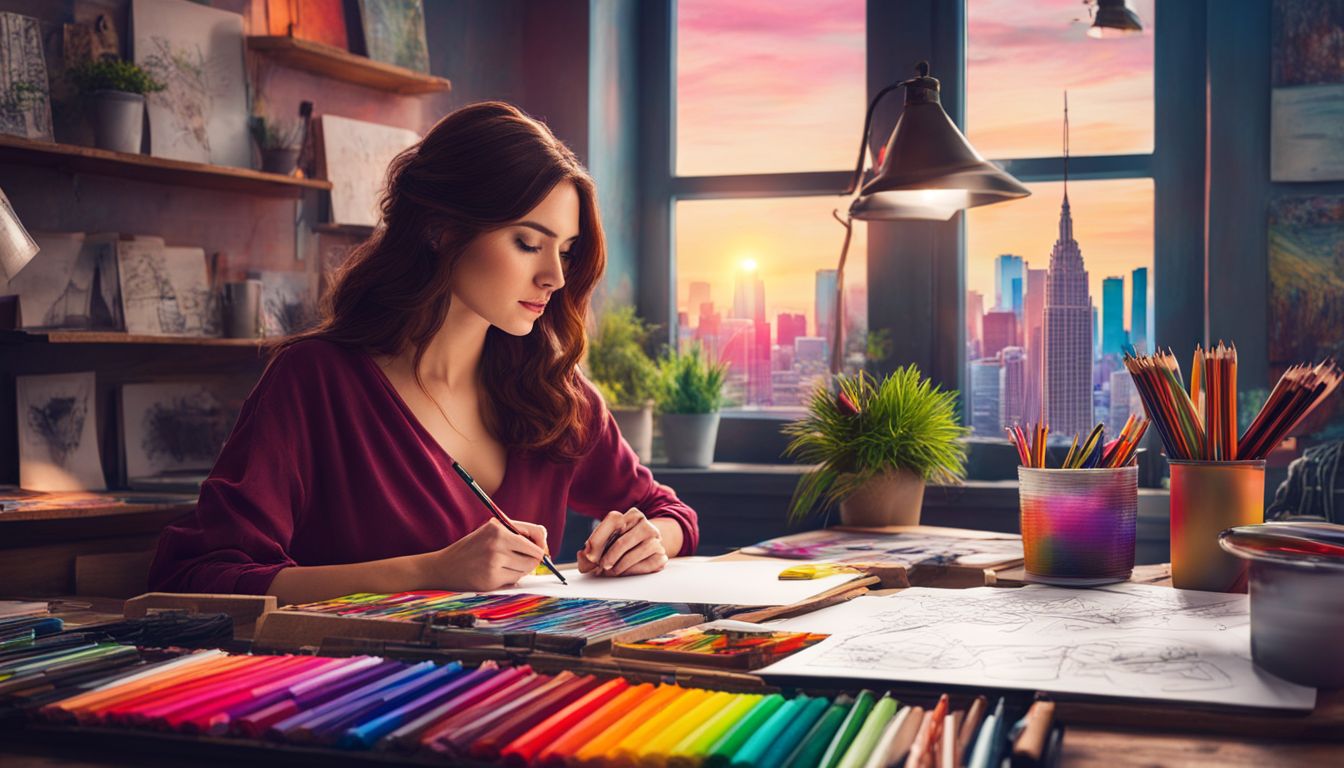 A woman at a desk sketching a vibrant cityscape with art supplies.