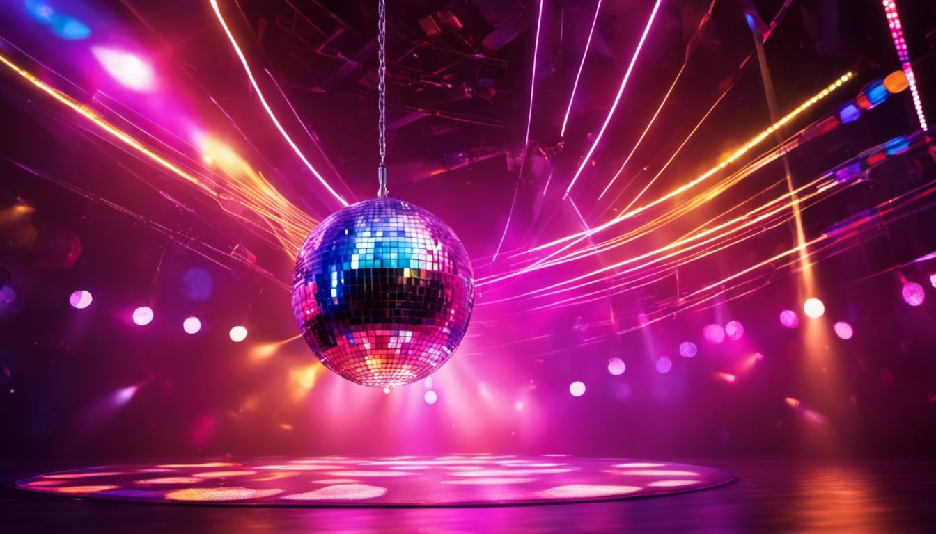 A disco ball hangs from the ceiling, illuminating a lively dance floor with people moving and dancing energetically.