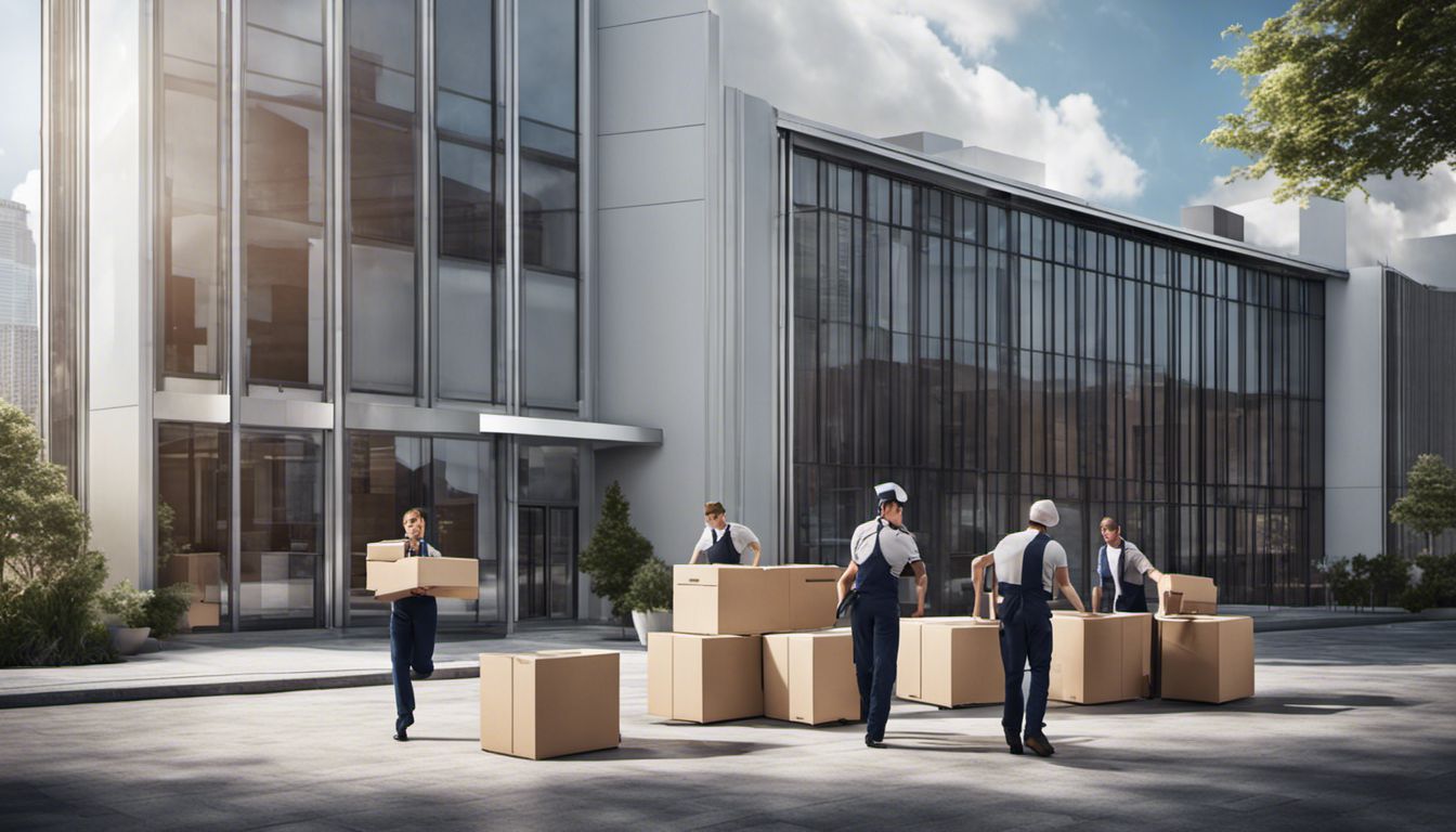 A team of professional movers working together to relocate boxes into a modern office building.