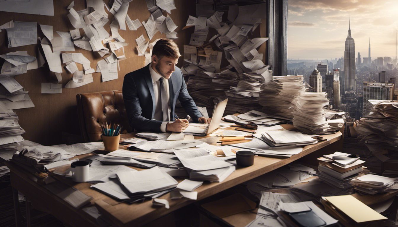 A busy individual works diligently at a desk amidst chaos, surrounded by paperwork and a vibrant cityscape photograph.