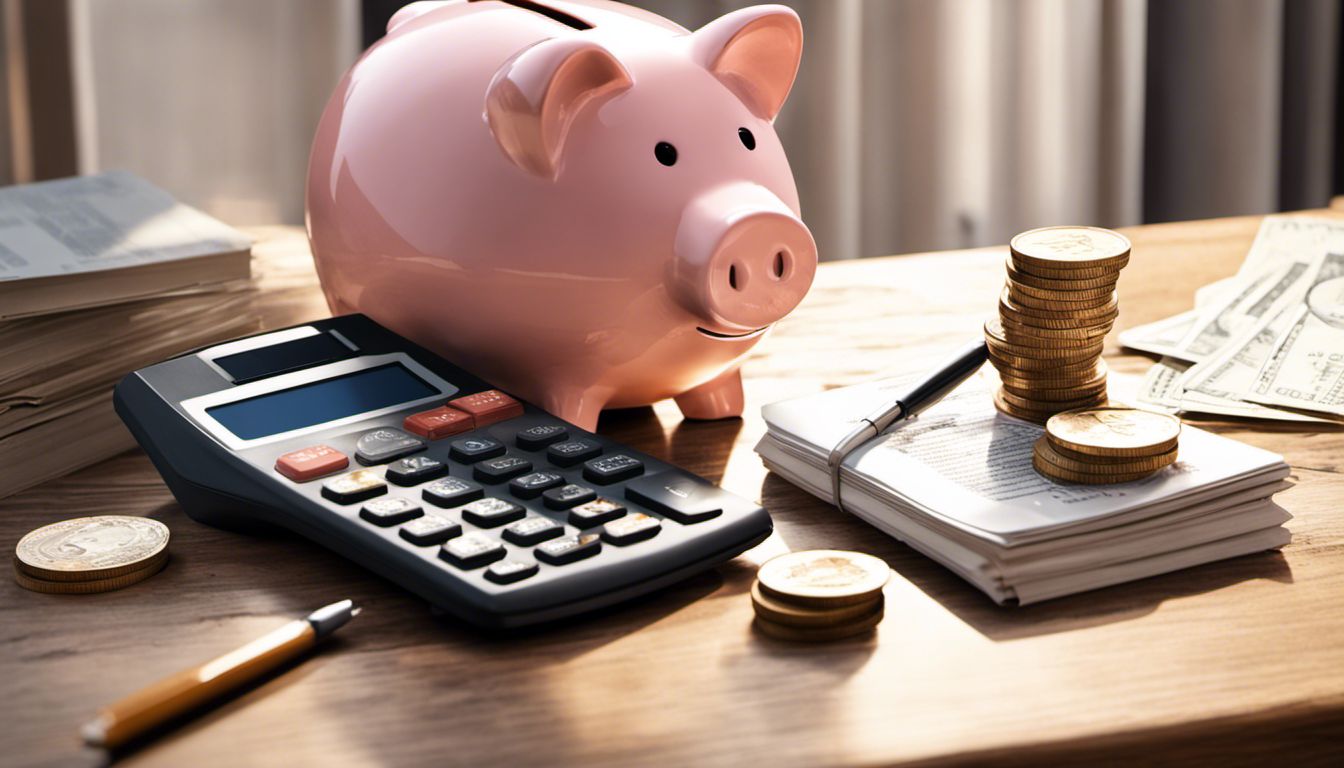 A piggy bank, coins, financial documents, and a calculator symbolize financial planning and budgeting in a warm atmosphere.