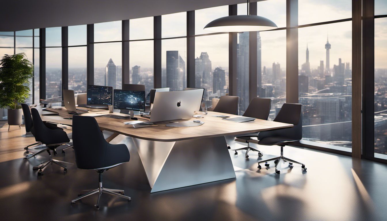 A diverse group of professionals collaborate in a modern conference room, surrounded by digital devices, with a cityscape view.
