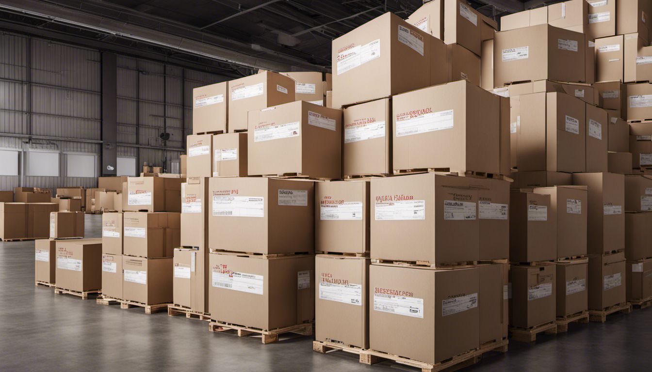 A well-organized team of professionals efficiently stacks labeled moving boxes in a warehouse.