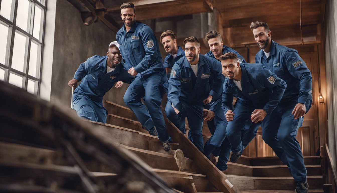 A team of uniformed movers navigate furniture through a narrow staircase, showcasing their strength, determination, and synchronized movements.