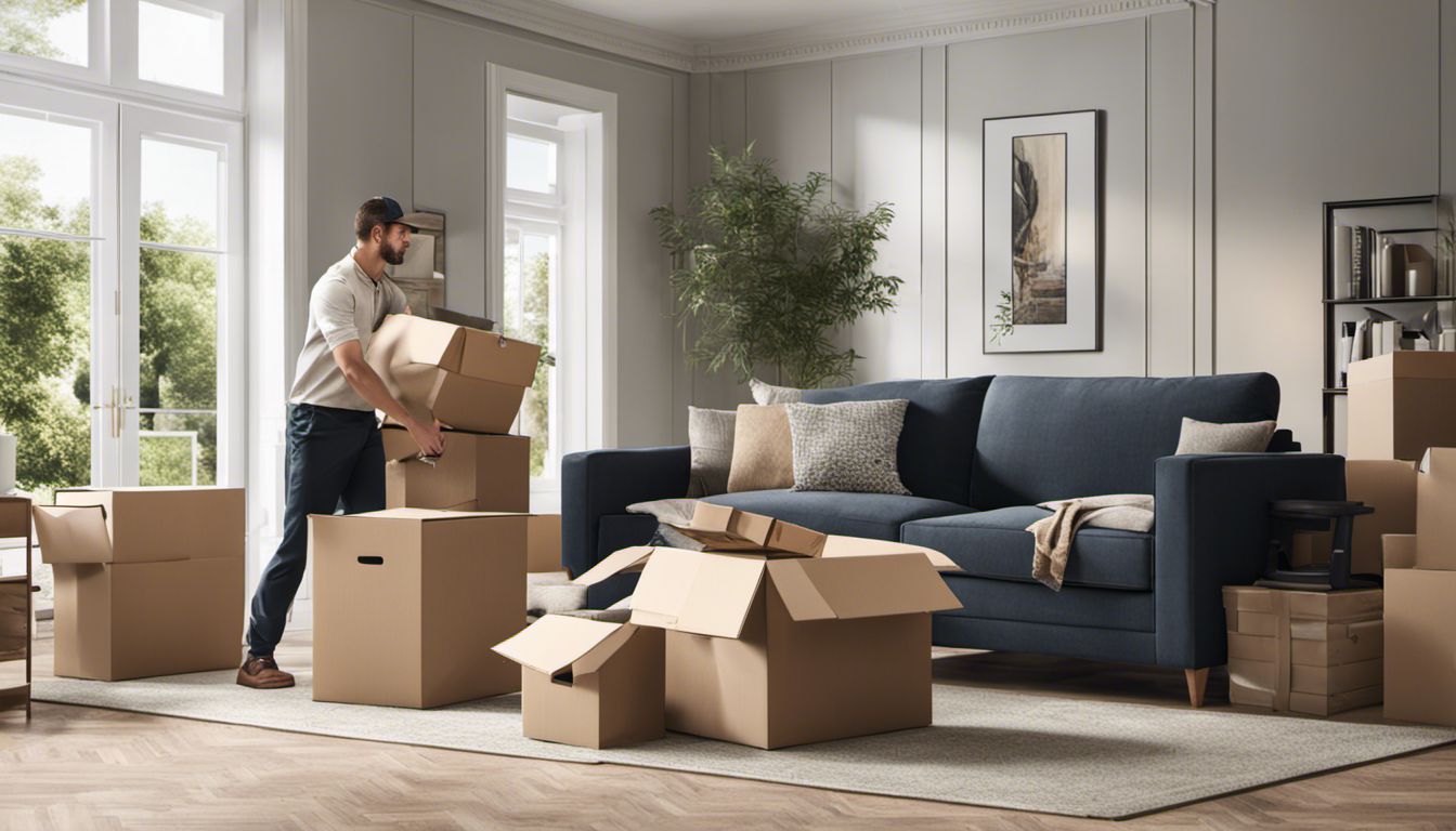 A skilled team of movers efficiently load heavy boxes into a moving truck in a clutter-free living room.