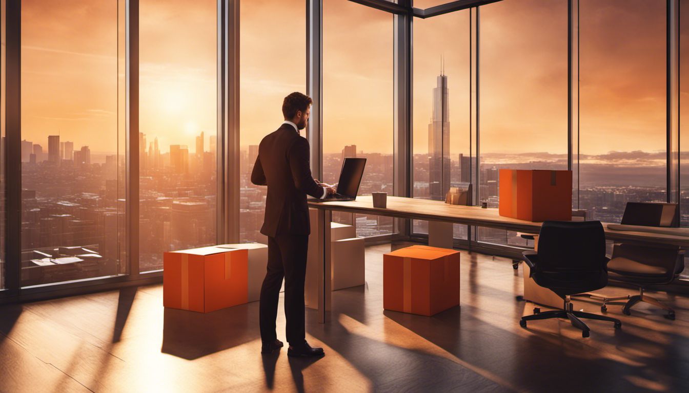 An office worker stands among moving boxes in a modern office space with a cityscape view.