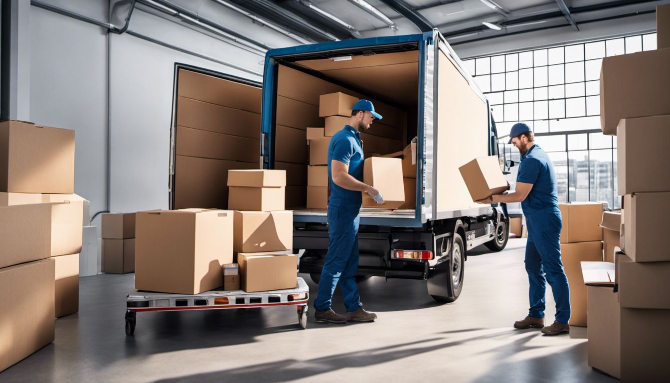Expert Removals' team expertly arranging and labelling boxes inside a moving truck, showcasing efficiency and attention to detail.