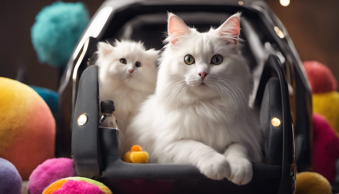 A serene white cat sits in a car seat surrounded by toys and a carrier.