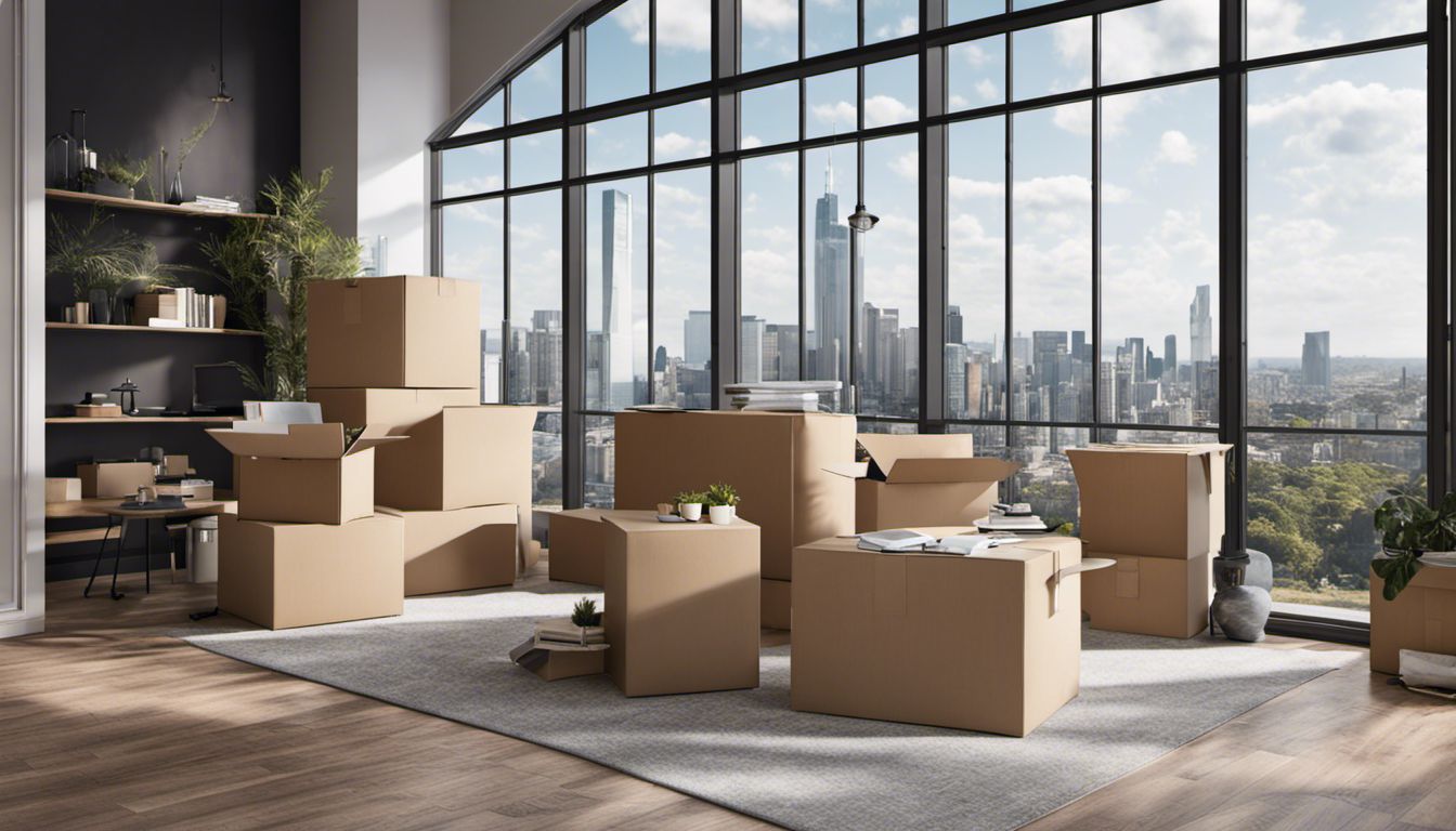A skilled moving team effortlessly transports furniture into a modern house against a stunning urban backdrop.
