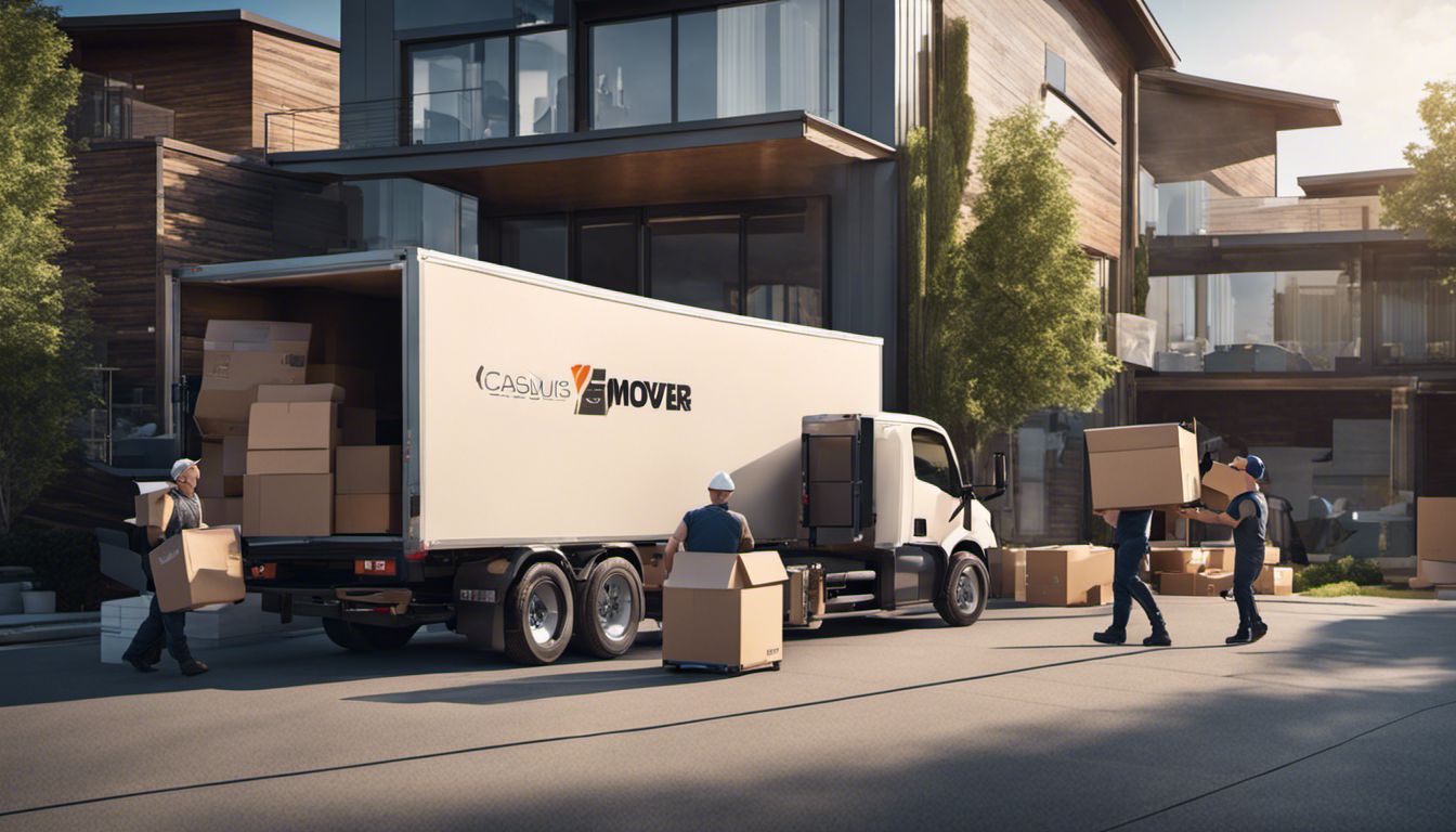 A team of movers unloads boxes from a truck into a modern house amidst the bustling cityscape.