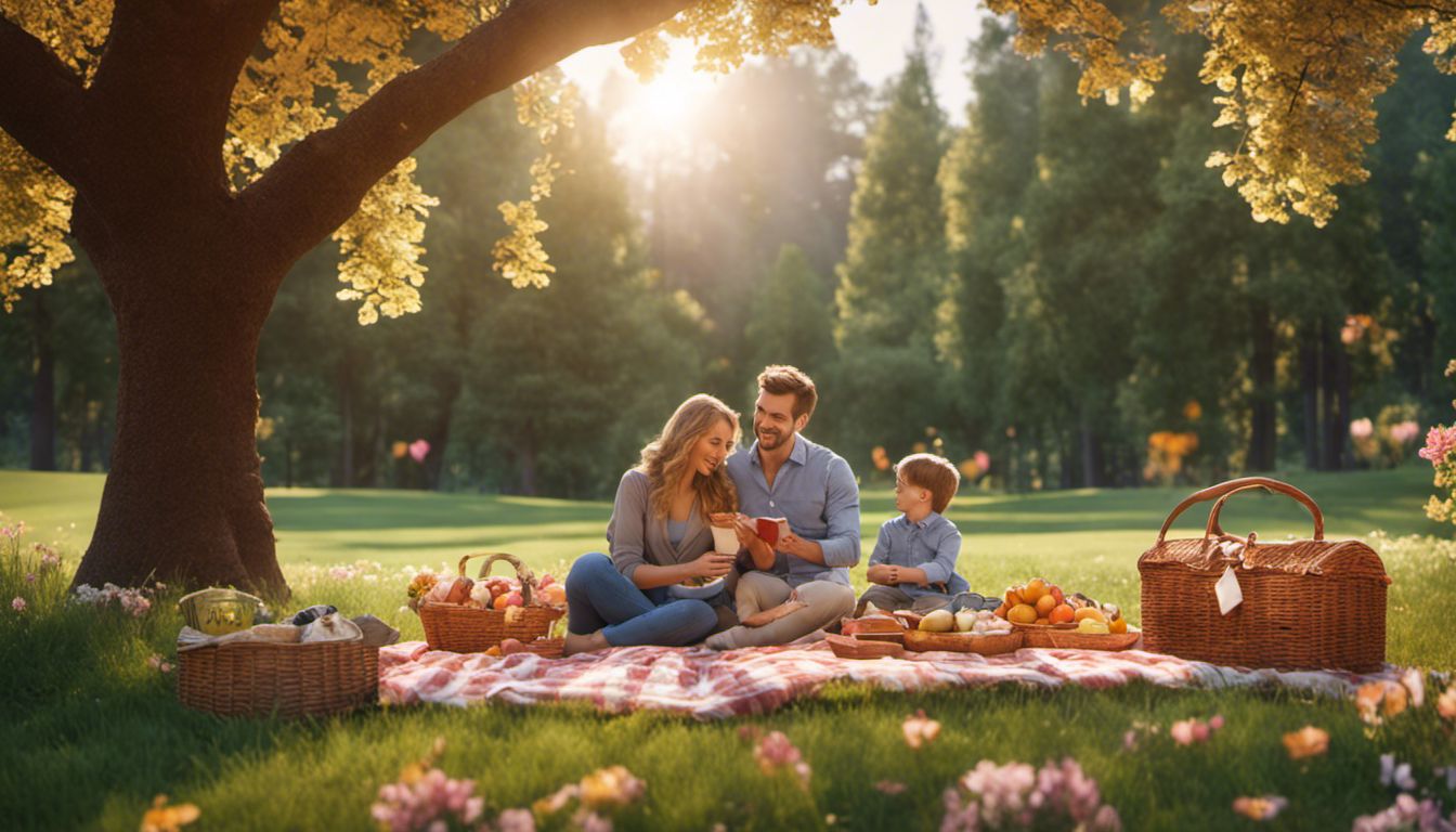 A family enjoying a picnic in a beautiful park, capturing the scenic beauty through nature photography.