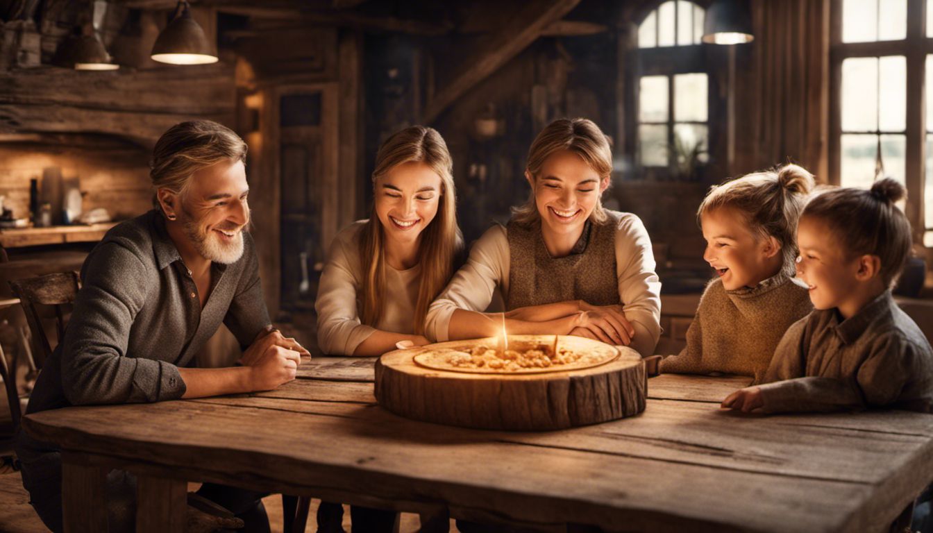 A happy family discussing their plans for an upcoming move around a rustic wooden table.