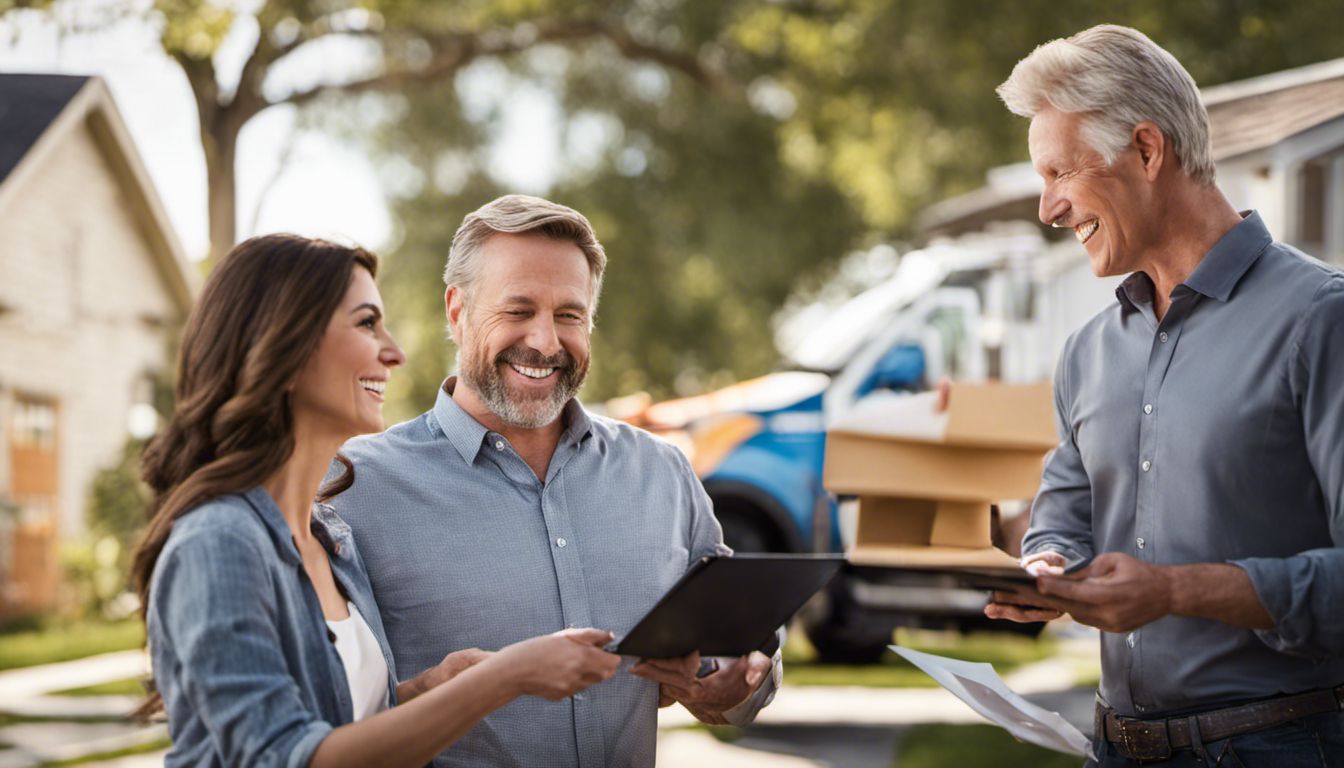 A homeowner happily receives a free cost estimate from a friendly TWO MEN AND A TRUCK representative.