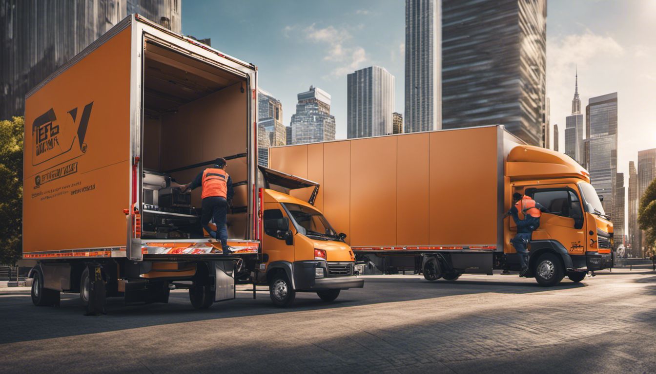 Movers efficiently load and secure furniture in a moving truck against a cityscape backdrop.