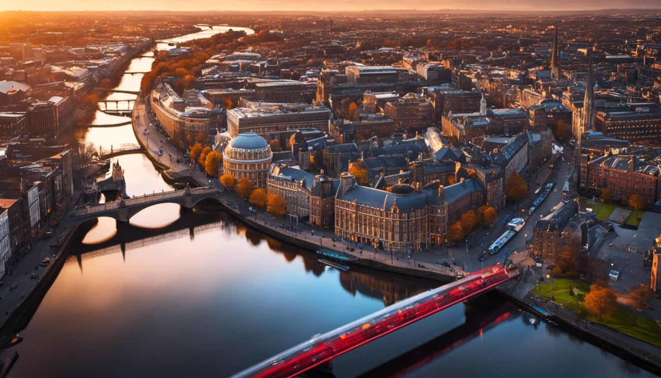 A stunning aerial view of Dublin's city skyline at sunset, showcasing the blend of old and new.