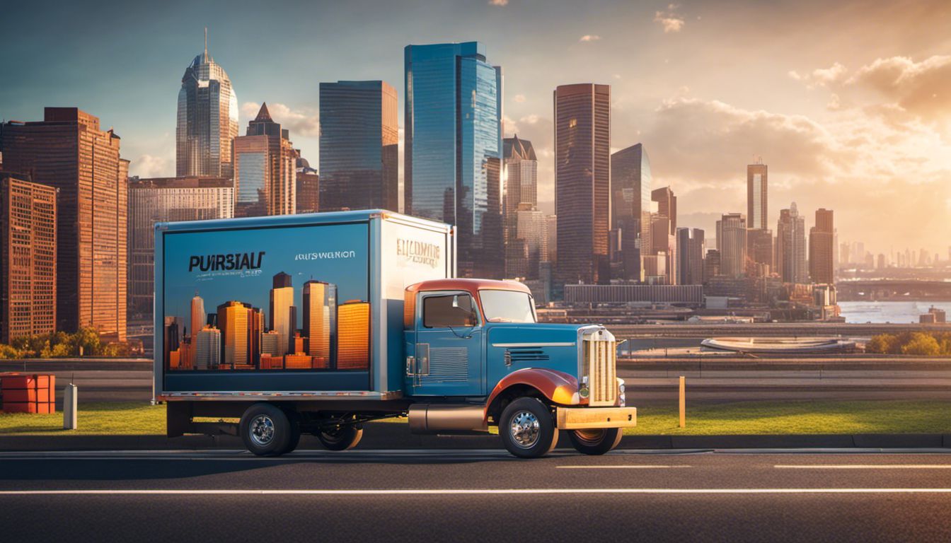 A moving truck parked in front of a city skyline, capturing the diversity and vibrancy of urban life.