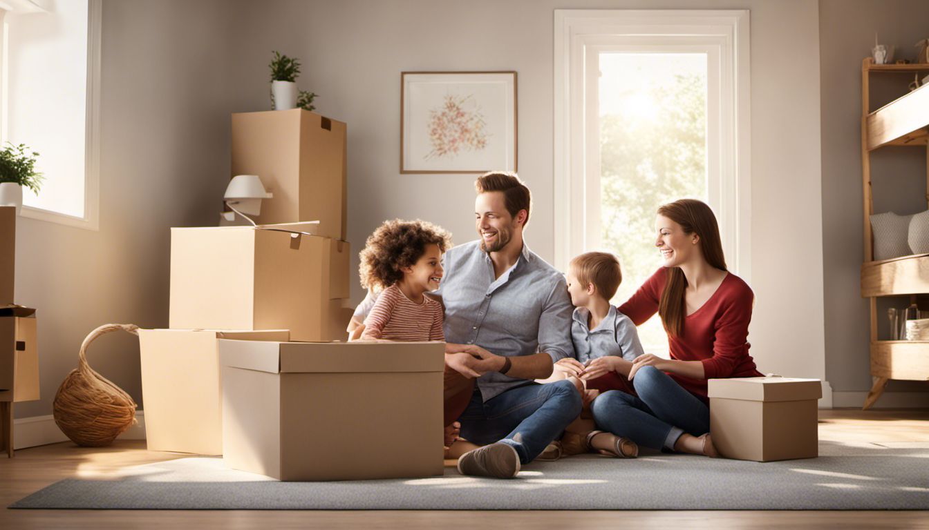 A family of four happily embraces their new home, surrounded by boxes.