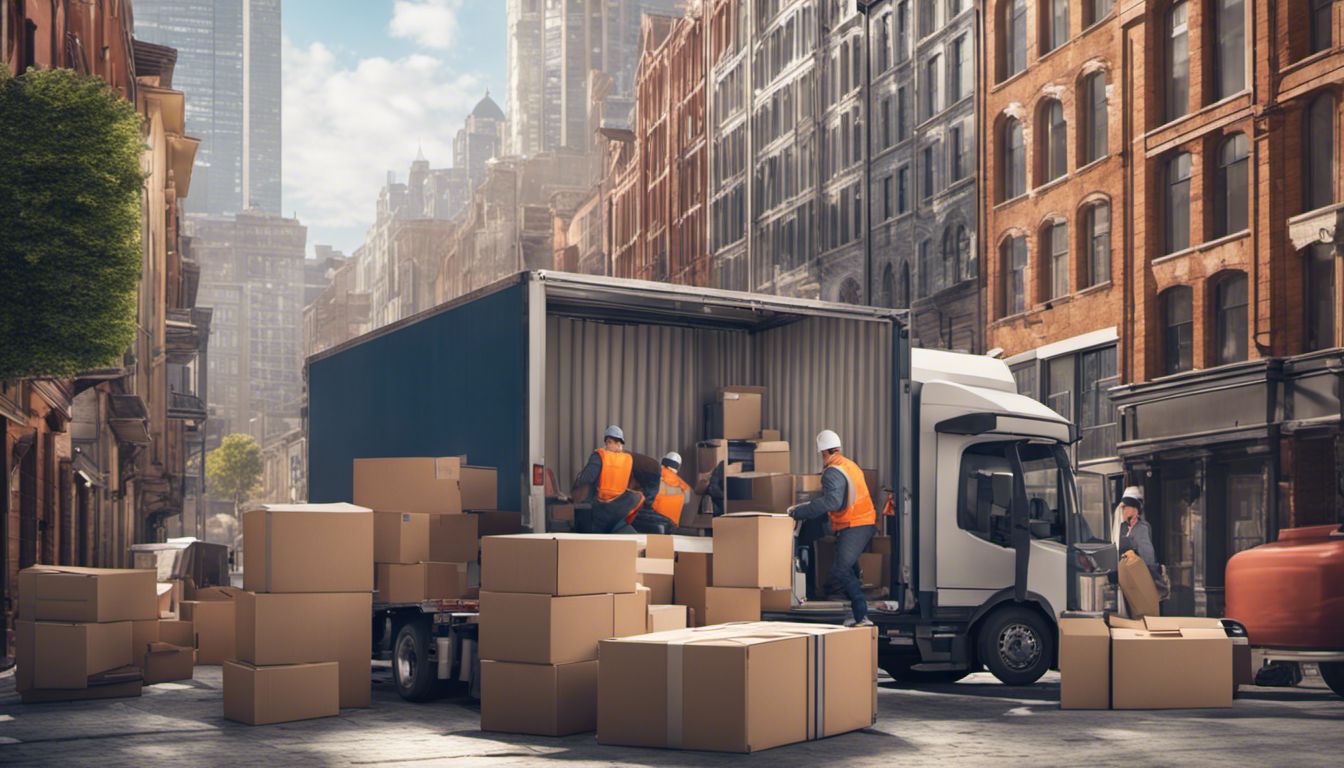 A diverse team of movers efficiently loads furniture and boxes onto a truck in a bustling cityscape.