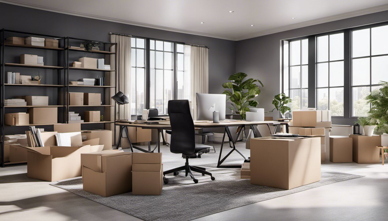 A skilled moving team efficiently packs and organizes boxes in a modern office space, demonstrating coordination and precision.