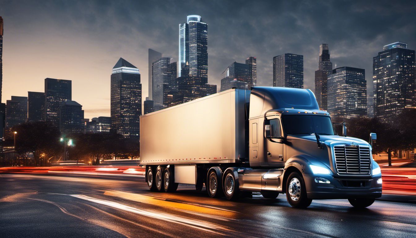 A still moving truck stands in front of a vibrant cityscape, showcasing the contrast between the two.