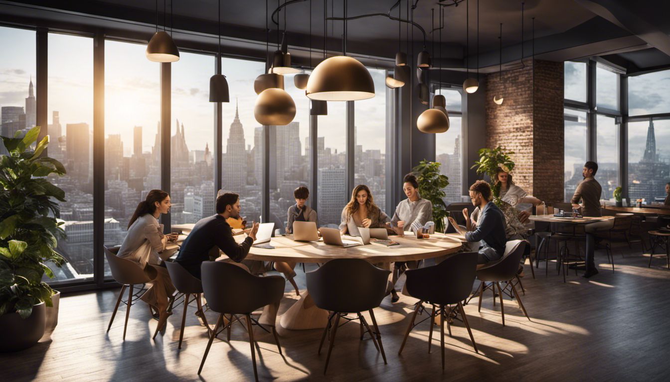 A group of people collaborating in a café surrounded by technology and city views.