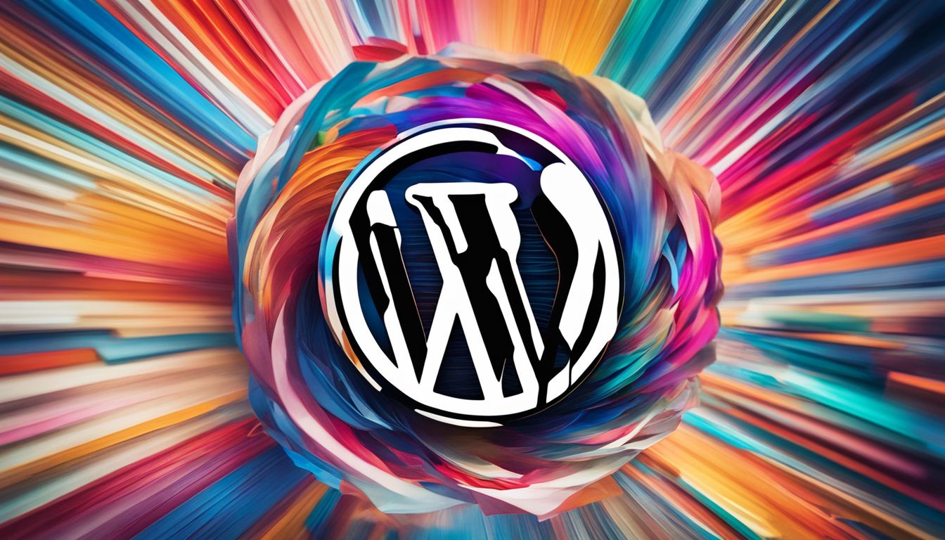 A photo featuring the WordPress logo surrounded by vibrant website design elements.