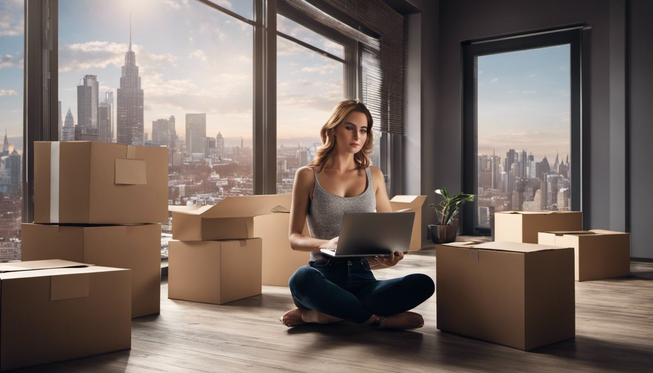 A woman sits among moving boxes, comparing insurance quotes, capturing the essence of a new chapter in her life.
