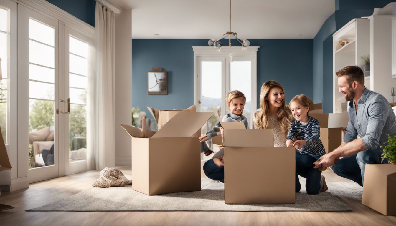 A family happily unpacking in their new home, emphasizing the skill of a reliable moving company.