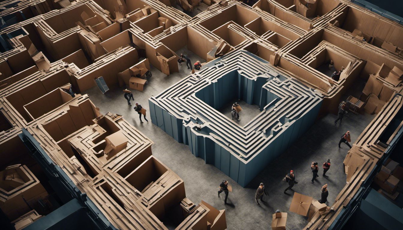 Movers navigate a maze-like warehouse, surrounded by mystical protection symbols, capturing the choreography and chaos of their work.