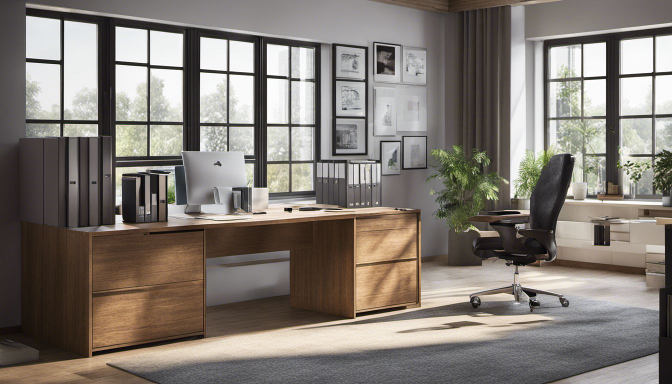 A tidy and efficient office space with neatly arranged files and stationery, emphasizing the importance of organization in a professional setting.