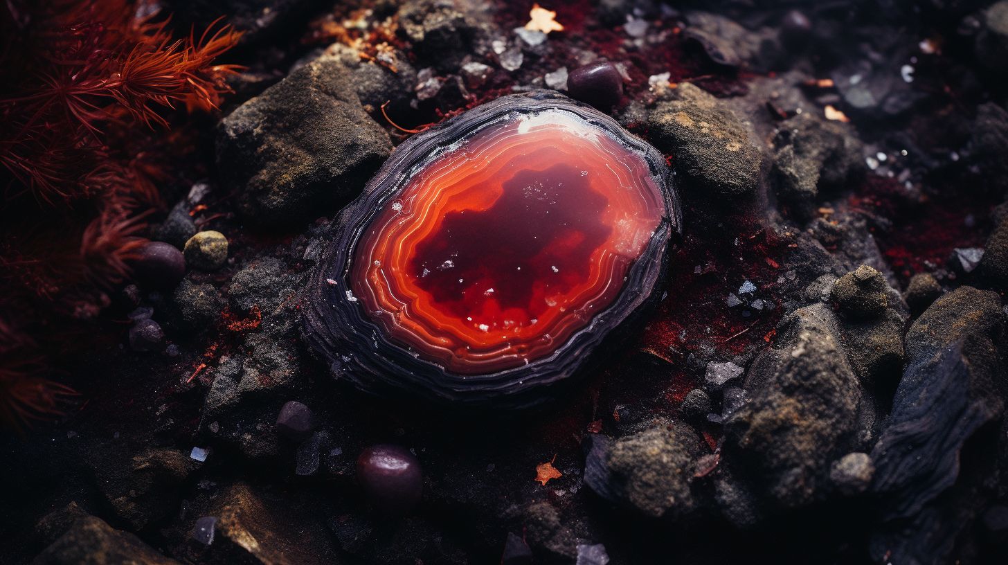 The composition showcases a close-up of a vibrant crimson Indian Agate stone surrounded by natural elements.