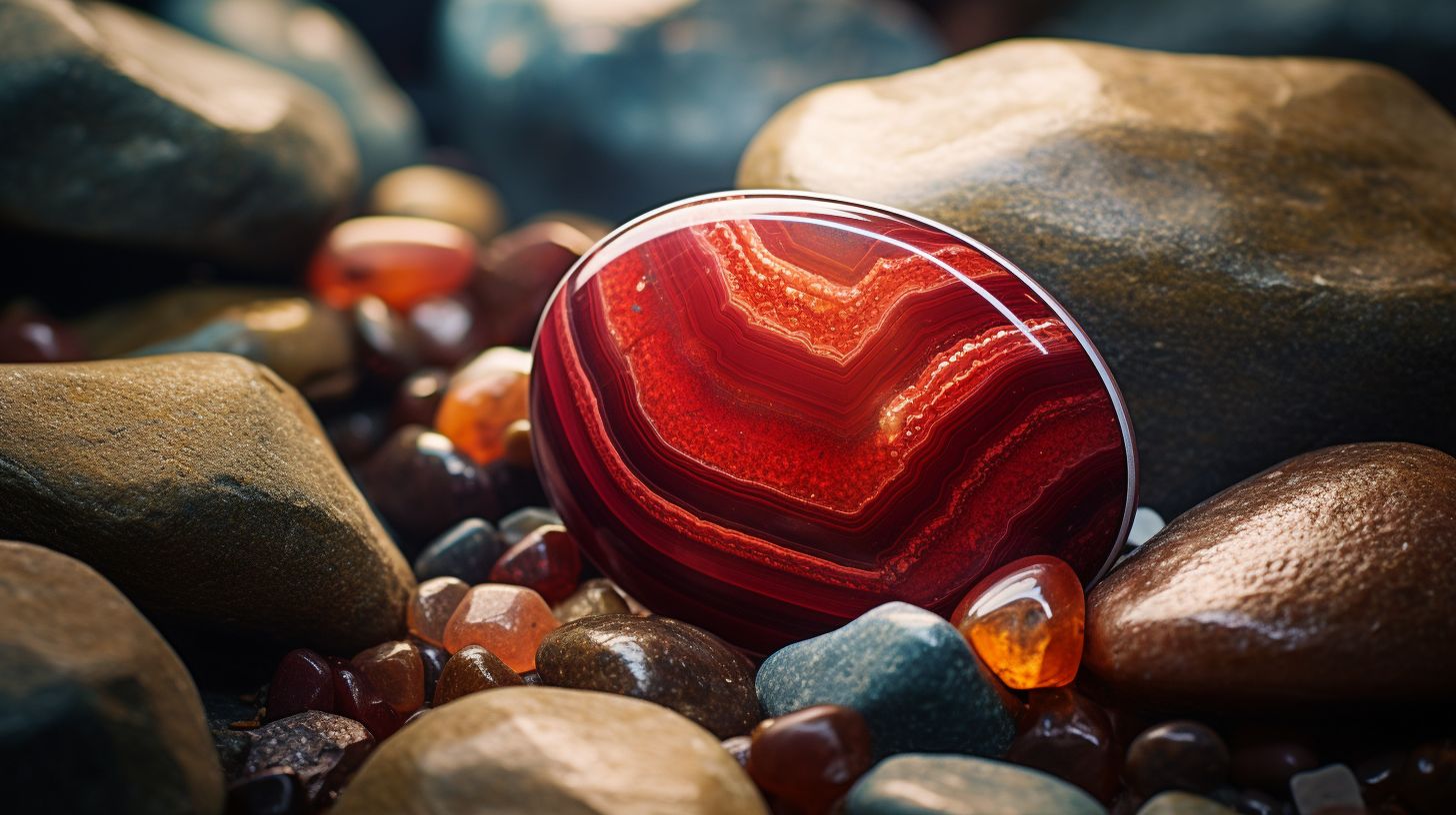 The composition showcases a close-up of a vibrant crimson Indian Agate stone surrounded by natural elements.