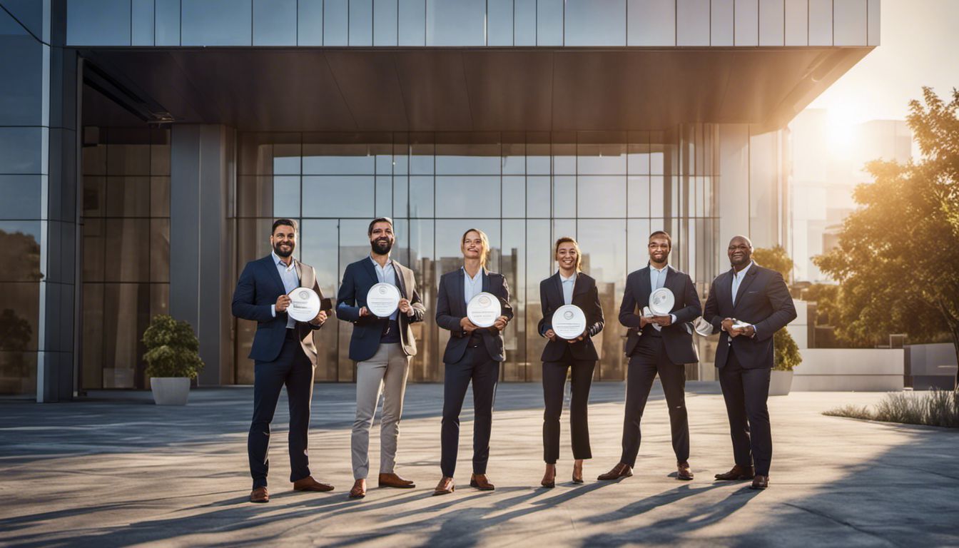 A group of professionals confidently display their industry accreditation badges in front of a modern corporate office building.