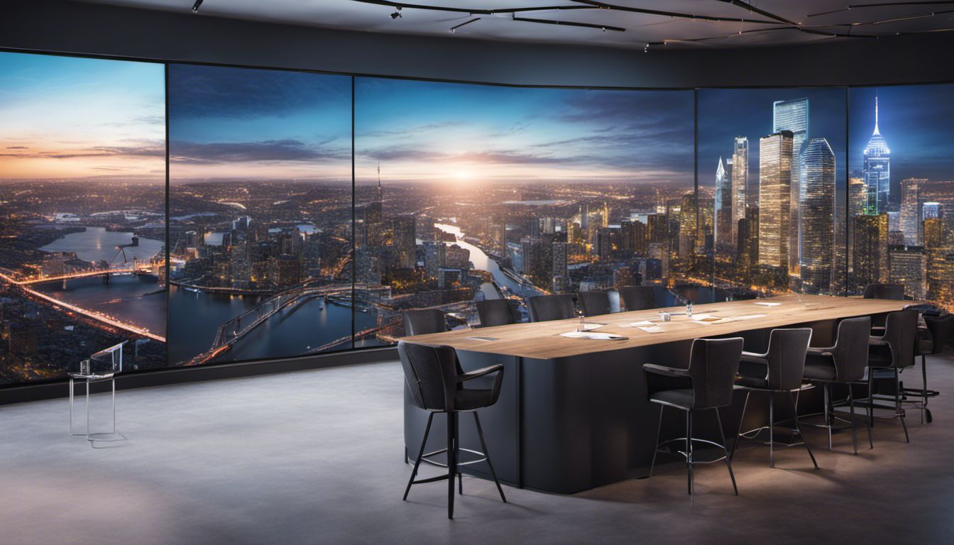 A team of event planners analyze data analytics on a large screen, surrounded by cityscape photographs, highlighting their collaboration and expertise.