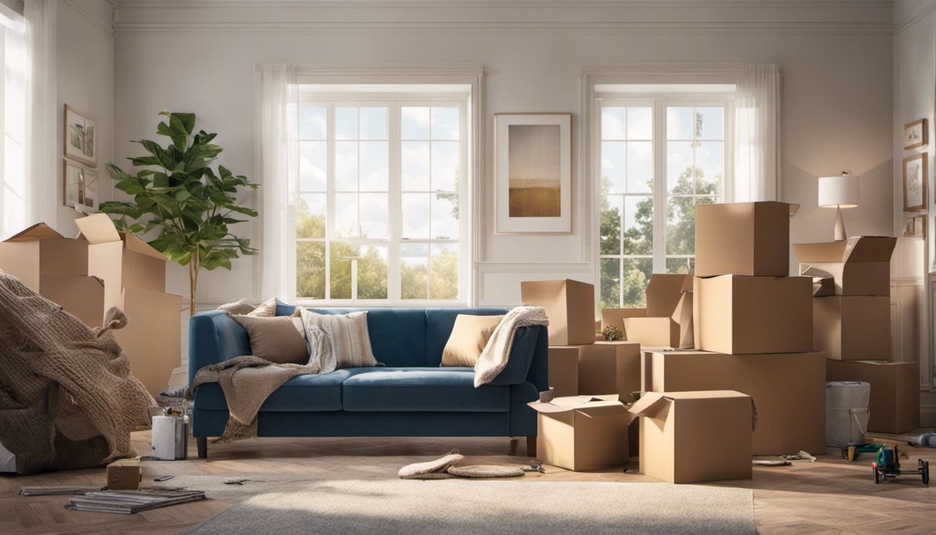 A family excitedly moves into their new home, surrounded by unpacked boxes and unfinished furniture, with Home Insurance in the background.