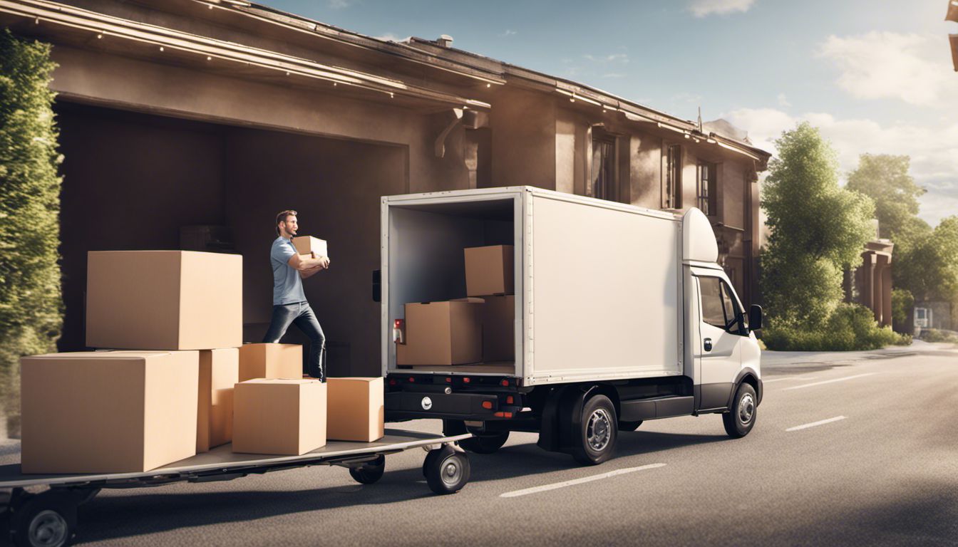 A confident mover effortlessly carrying a stack of boxes, with a well-organized moving truck in the background.