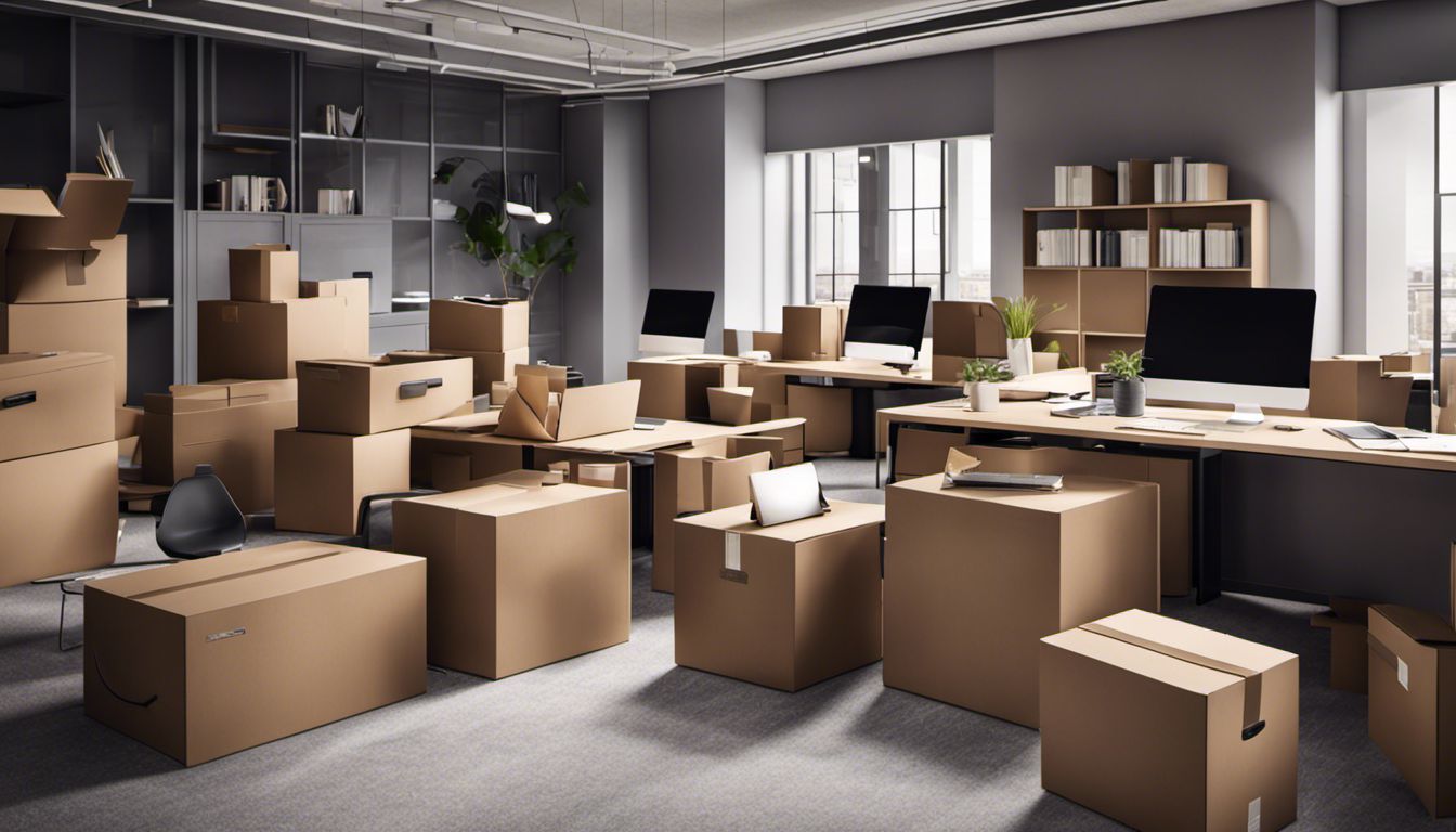 A busy office filled with stacked cardboard boxes and desks, capturing the organized chaos of the workplace.