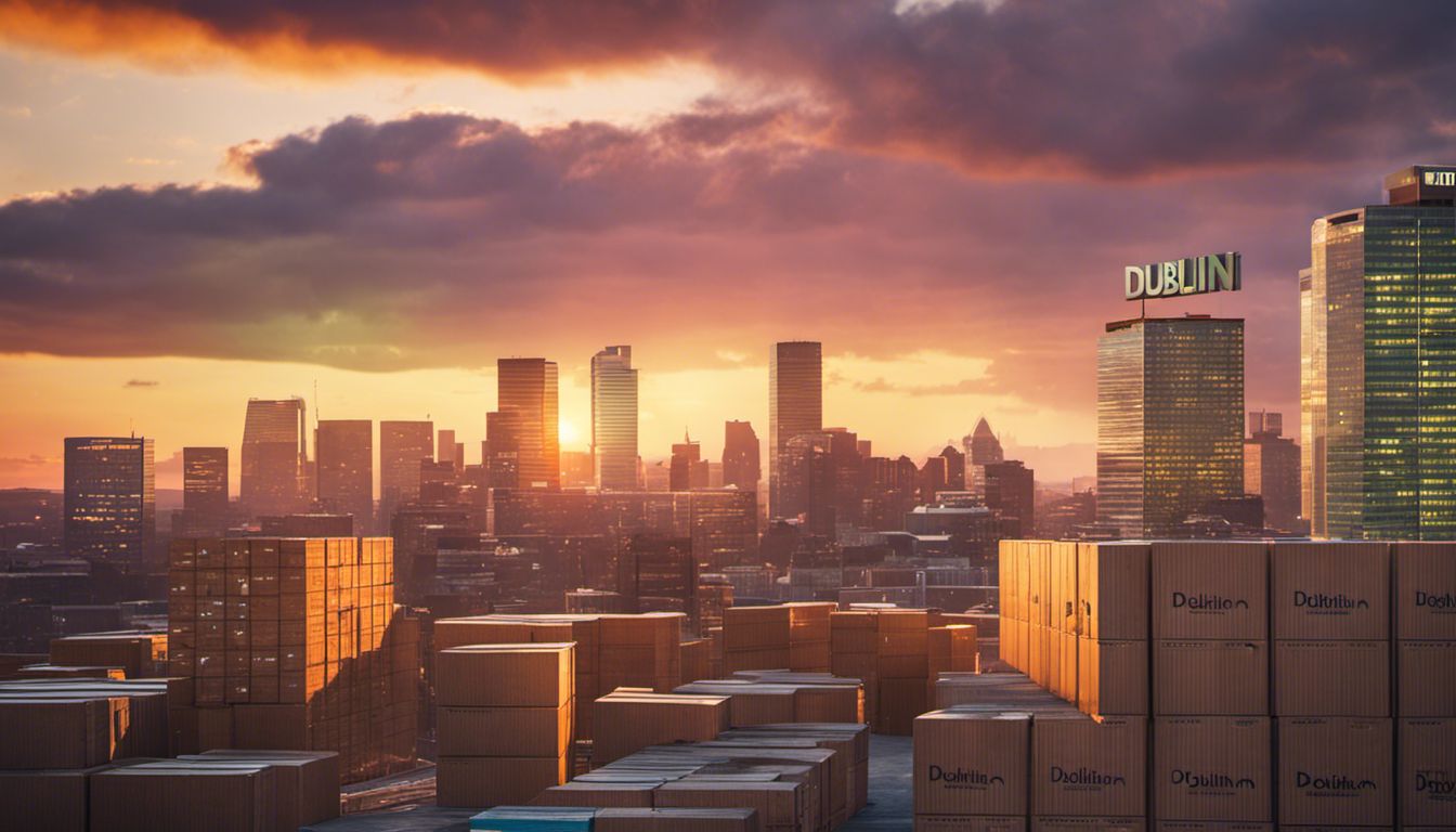 Stacked cardboard boxes with Dublin Office Movers logo in front of a city skyline at dusk.