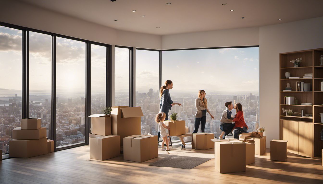 A family in their new home, surrounded by boxes, with a breathtaking cityscape view, capturing their excitement and joy.