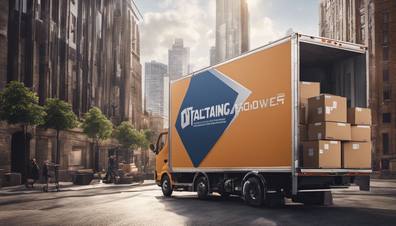 Professional movers efficiently load boxes into a truck against a cityscape backdrop, showcasing their strength and coordination.