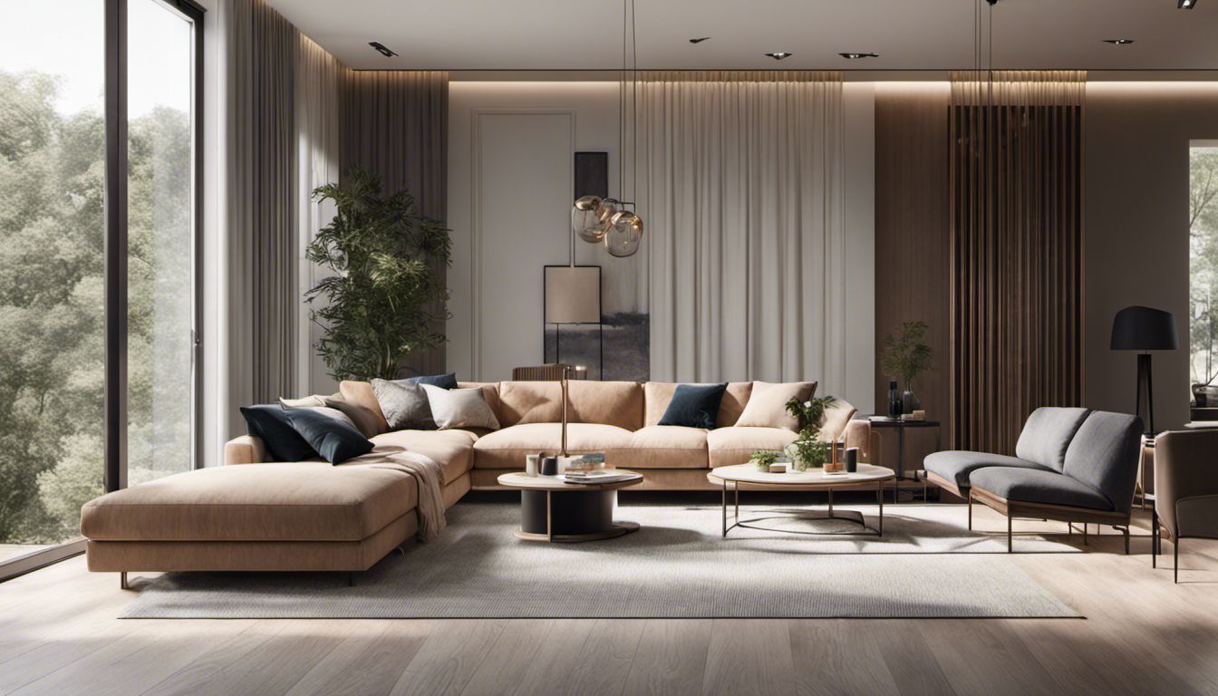 Movers arranging furniture in a modern and airy living room with a minimalist aesthetic.
