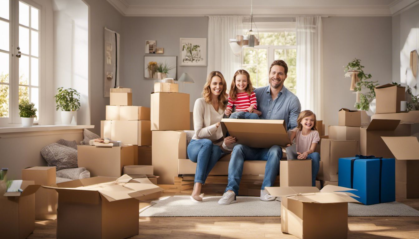 A happy family surrounded by moving boxes, holding a Welcome Home banner, capturing the excitement of a new beginning.