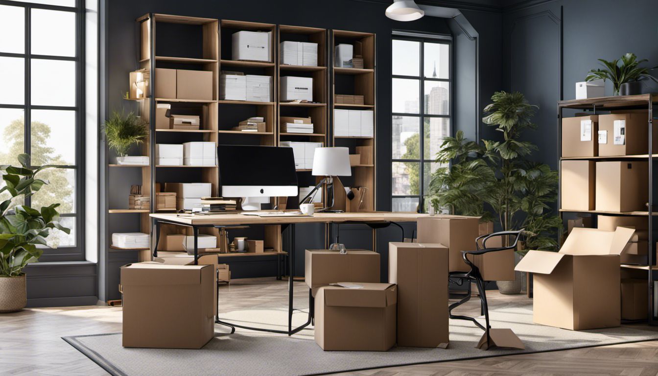A removal team expertly packs and organizes boxes in a modern office, showcasing synchronized movements and vibrant office decor.